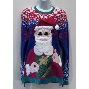 Ugly Christmas Sweater Cool Santa Claus & Drink Pouch Sz S (34-36)